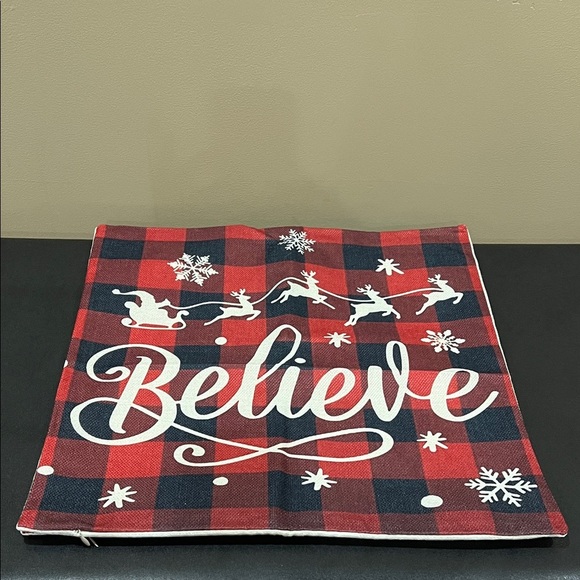 “Believe” Festive Gingham Holiday Pillow Case - Picture 2 of 6